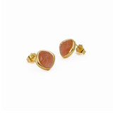 Pink Strawberry Quartz Carved Gemstone, Gold Plated Stud Earrings CE - 1018