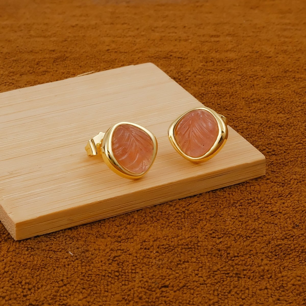 Pink Strawberry Quartz Carved Gemstone, Gold Plated Stud Earrings CE - 1018