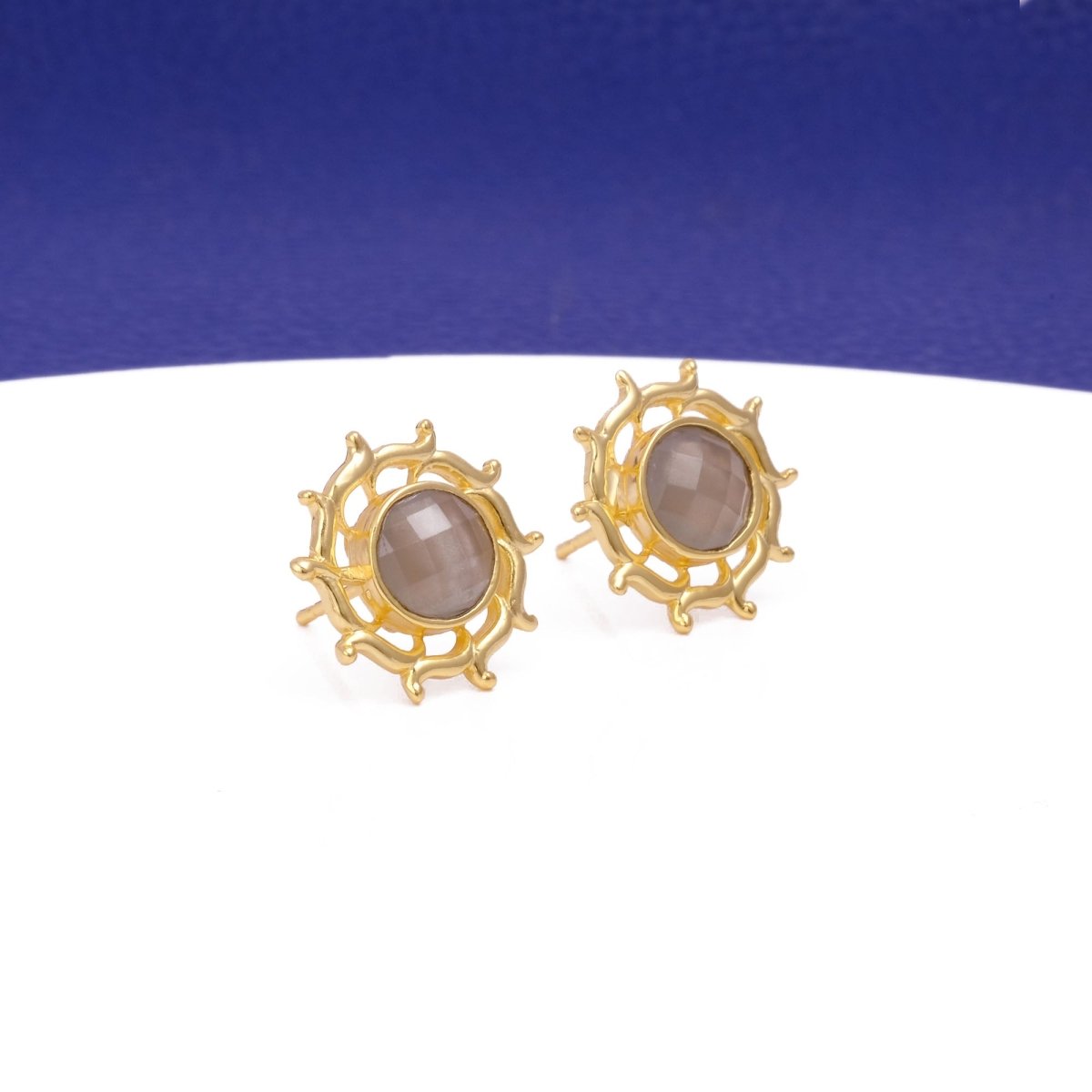 Prehnite Stud Earring, Round Sun Burst Stud, Minimalist Stud Earring Gold Plated Jewelry Gray Chalcedony