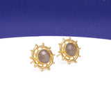 Prehnite Stud Earring, Round Sun Burst Stud, Minimalist Stud Earring Gold Plated Jewelry Gray Chalcedony