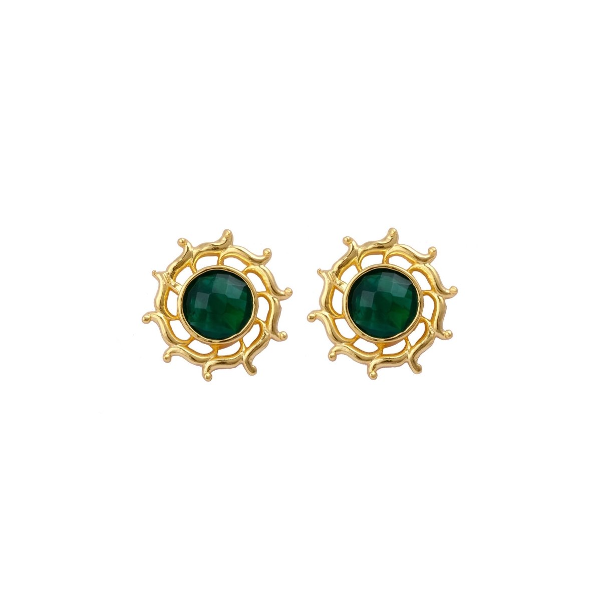 Prehnite Stud Earring, Round Sun Burst Stud, Minimalist Stud Earring Gold Plated Jewelry