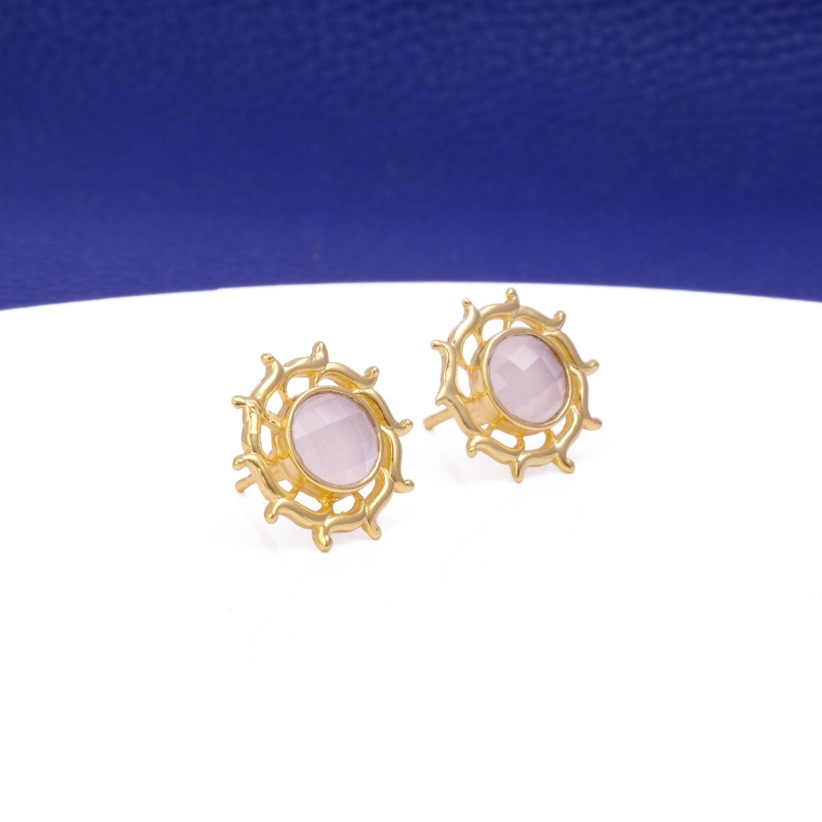 Prehnite Stud Earring, Round Sun Burst Stud, Minimalist Stud Earring Gold Plated Jewelry Pink Chalcedony