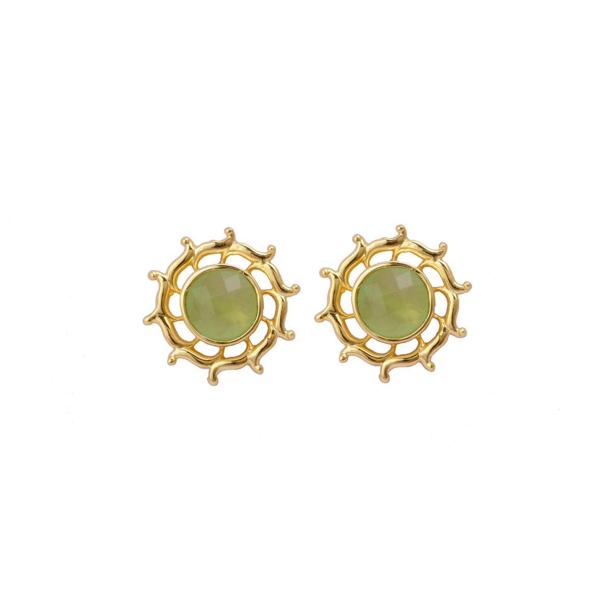Prehnite Stud Earring, Round Sun Burst Stud, Minimalist Stud Earring Gold Plated Jewelry