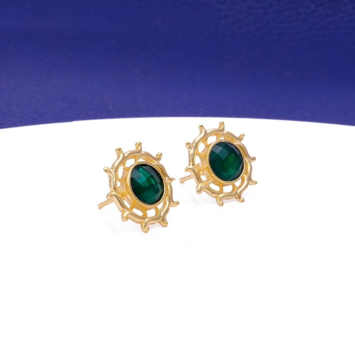 Prehnite Stud Earring, Round Sun Burst Stud, Minimalist Stud Earring Gold Plated Jewelry Green Onyx