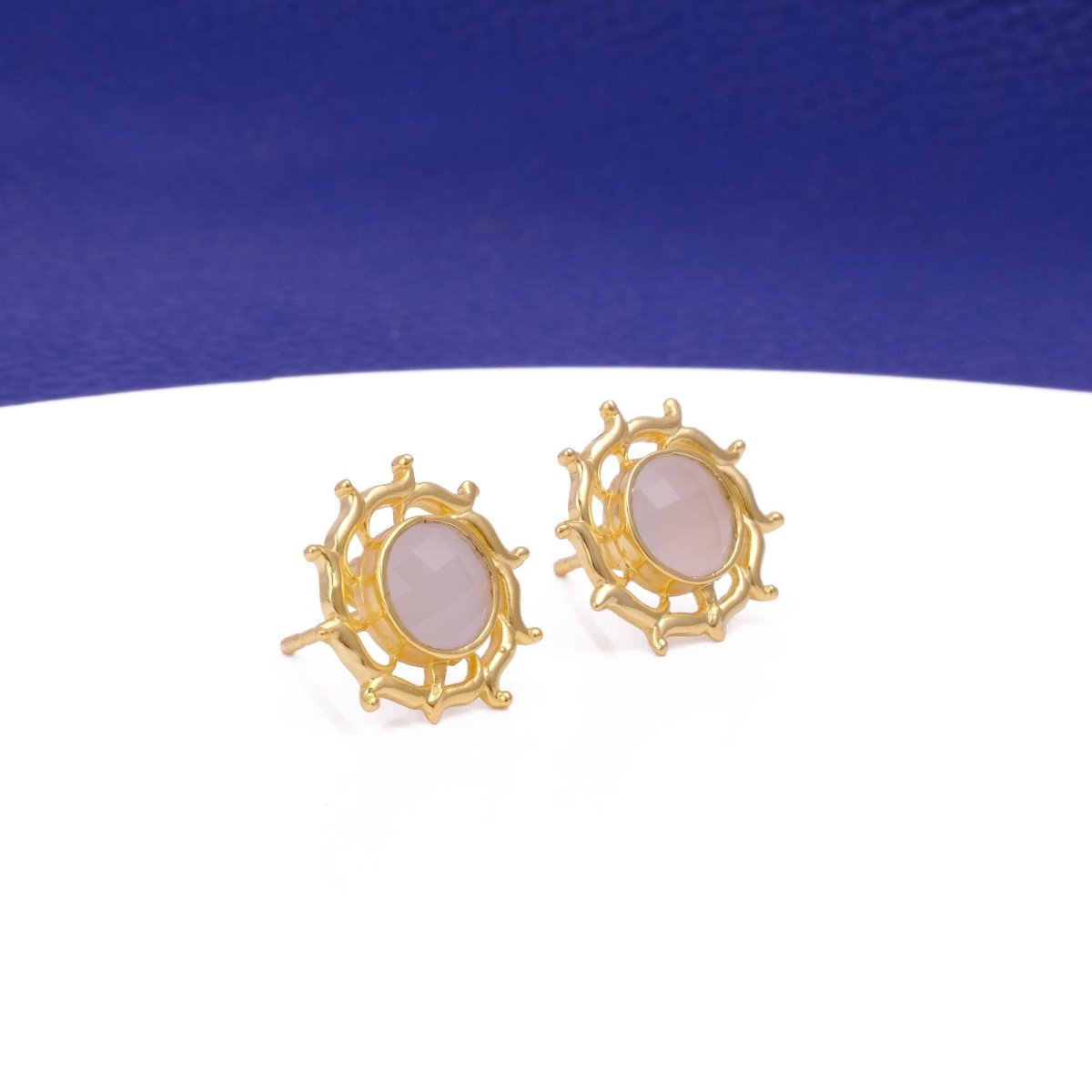 Prehnite Stud Earring, Round Sun Burst Stud, Minimalist Stud Earring Gold Plated Jewelry White Agate