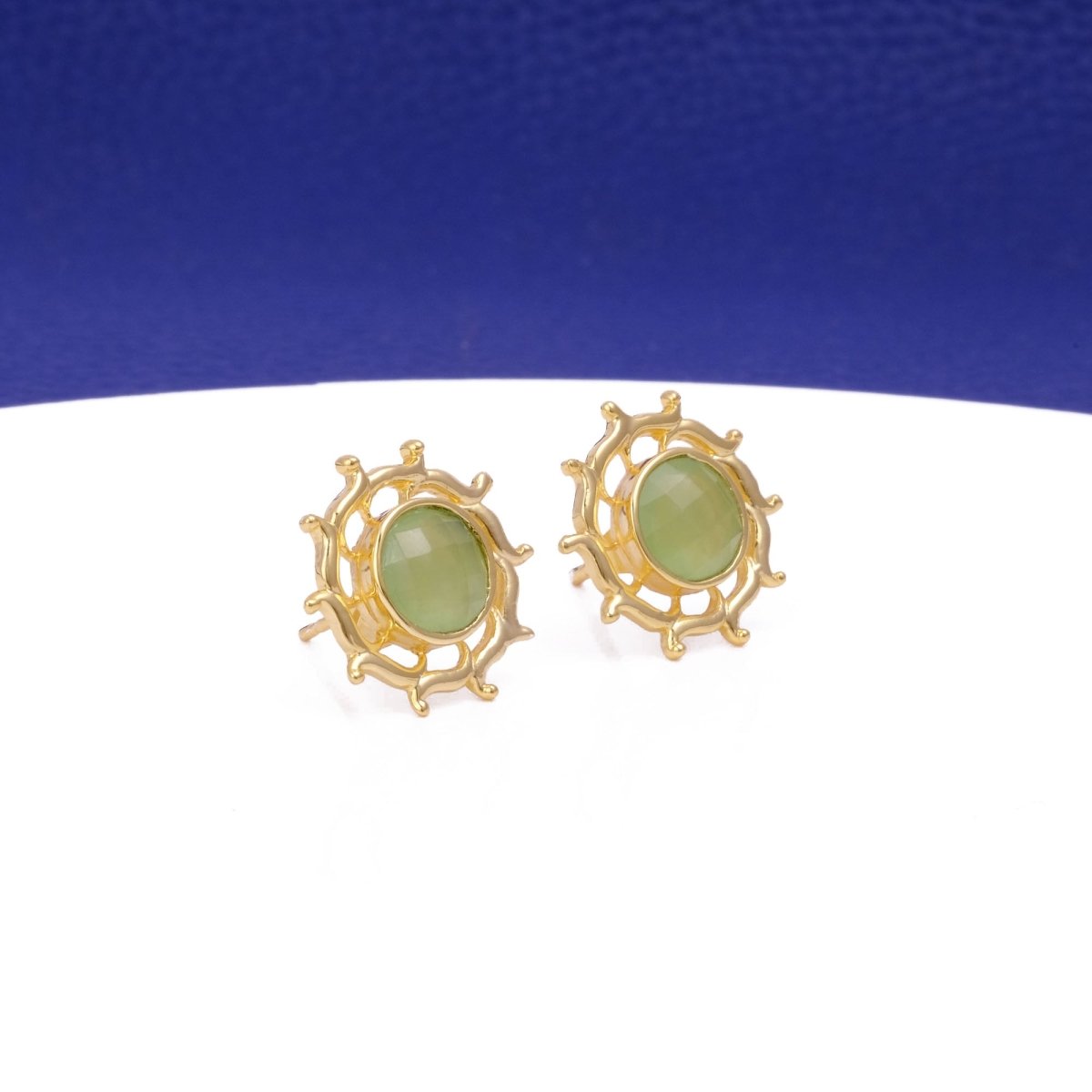 Prehnite Stud Earring, Round Sun Burst Stud, Minimalist Stud Earring Gold Plated Jewelry Prehnite
