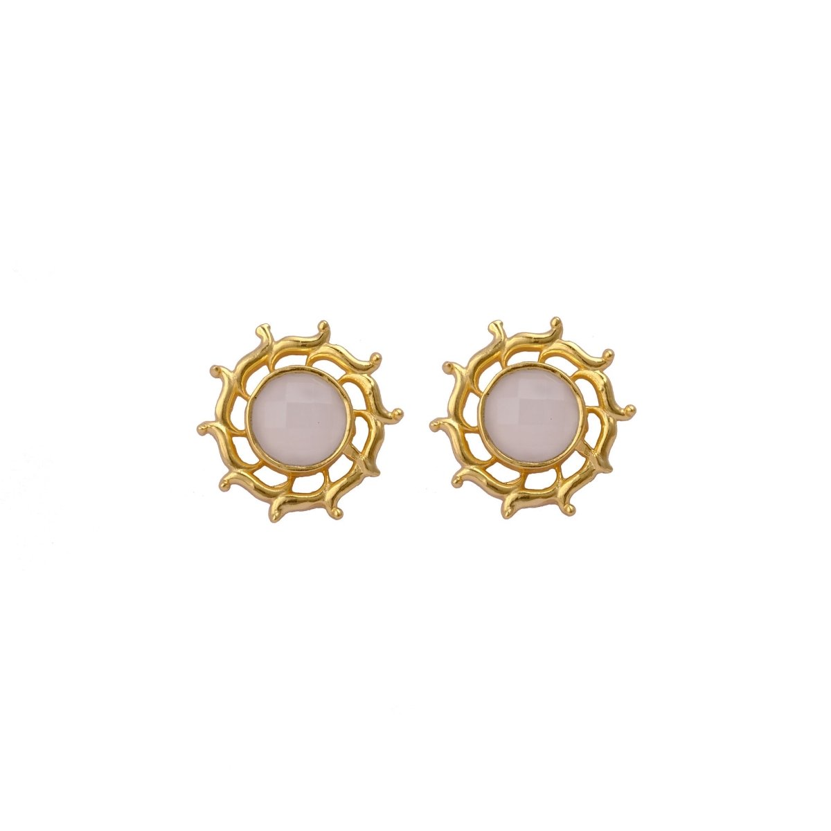 Prehnite Stud Earring, Round Sun Burst Stud, Minimalist Stud Earring Gold Plated Jewelry