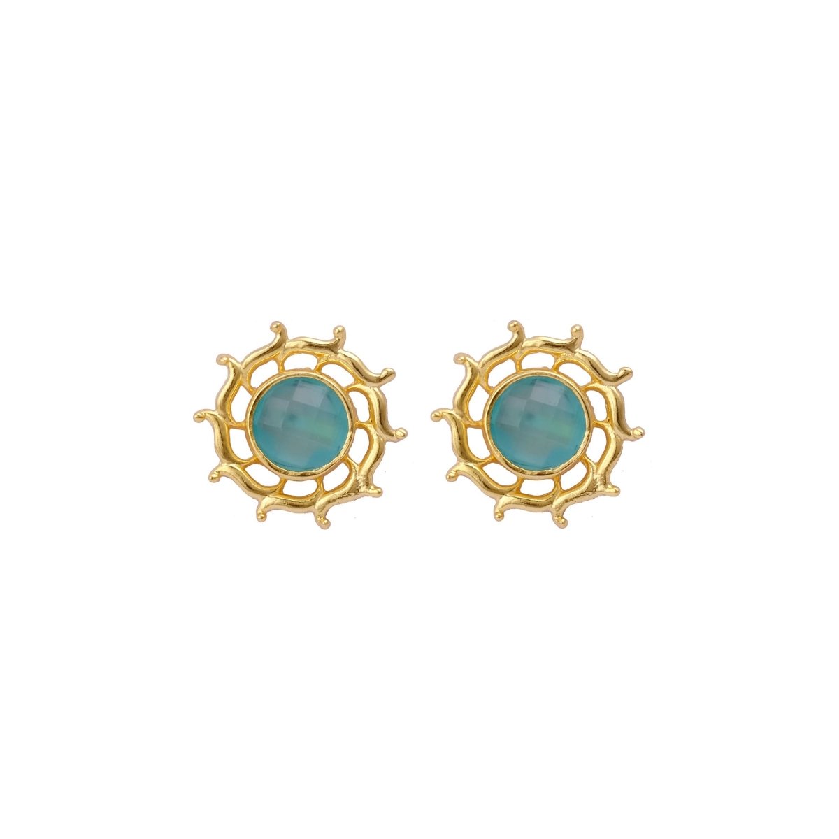 Prehnite Stud Earring, Round Sun Burst Stud, Minimalist Stud Earring Gold Plated Jewelry