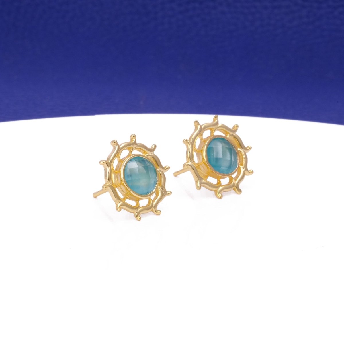 Prehnite Stud Earring, Round Sun Burst Stud, Minimalist Stud Earring Gold Plated Jewelry Aqua Chalcedony