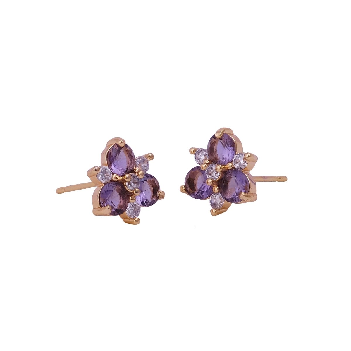 Purple Amethyst and Cubic Zircon Gemstone Stud Earrings Gold Plated Jewelry For Her