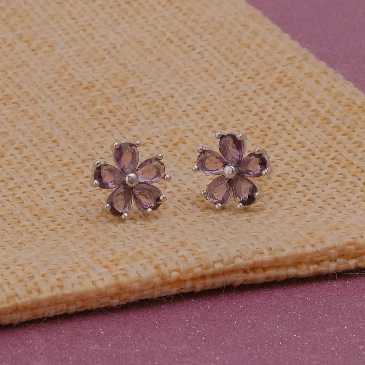 Purple Amethyst Gemstone Stud Earrings Aesthetic Flower Silver Plated Earrings For Her