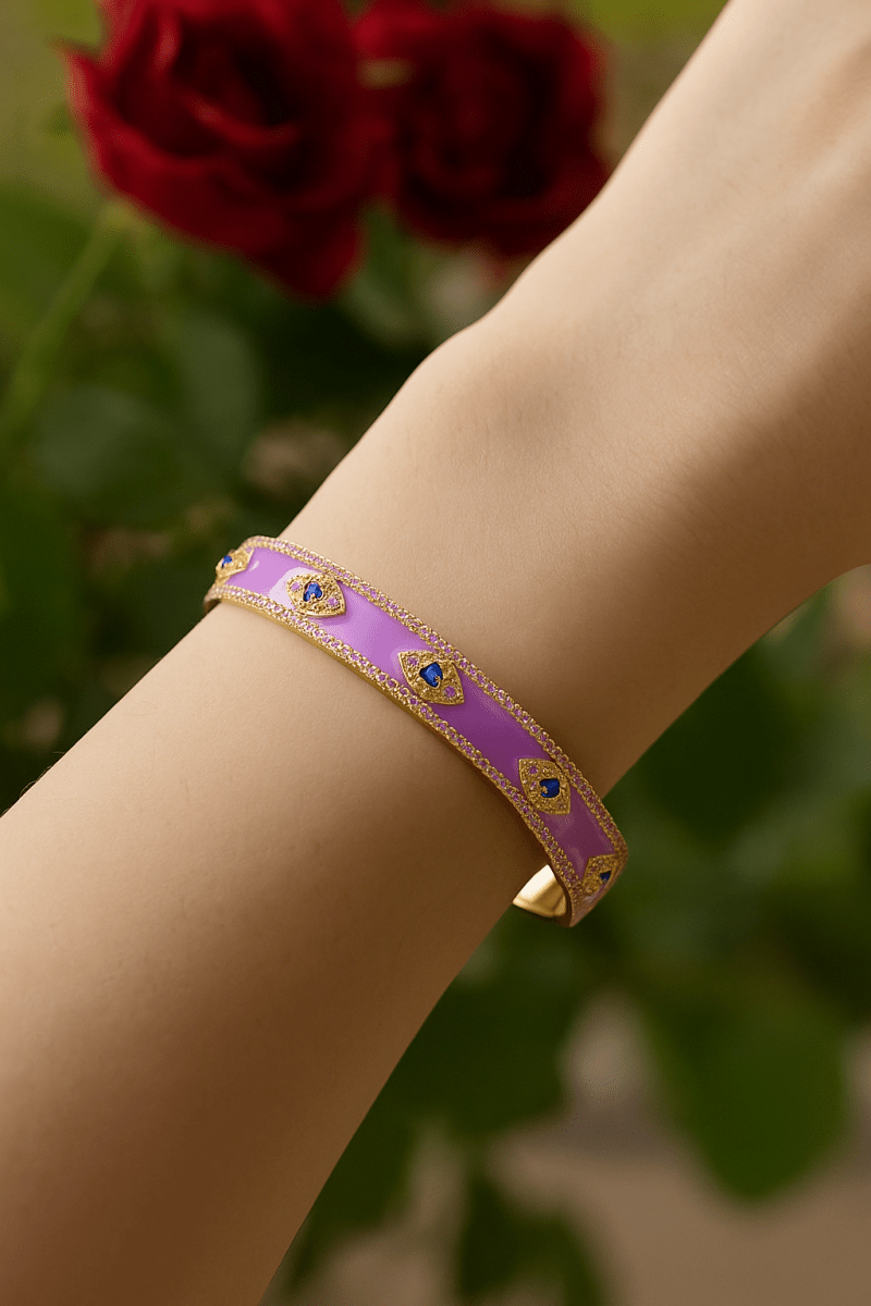 Purple Enamel with CZ Gemstone Bangle Adjustable Gold Plated Jewelry