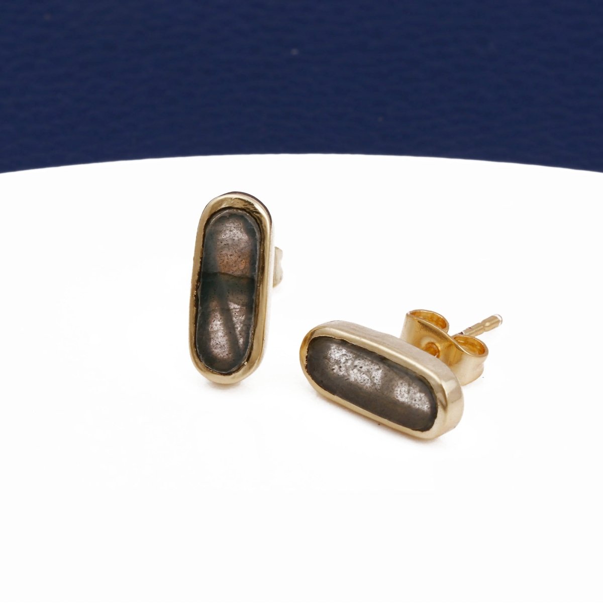 Rainbow Moonstone Stud Gold Plated Oval Shape Gemstone Collet Setting Stud Earrings