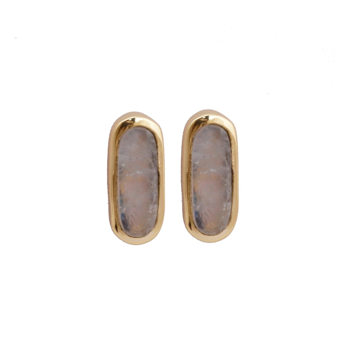 Rainbow Moonstone Stud Gold Plated Oval Shape Gemstone Collet Setting Stud Earrings