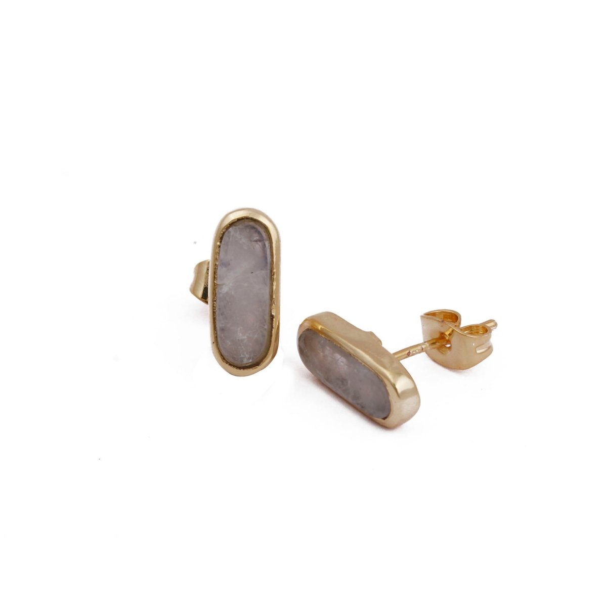 Rainbow Moonstone Stud Gold Plated Oval Shape Gemstone Collet Setting Stud Earrings Rainbow Moonstone