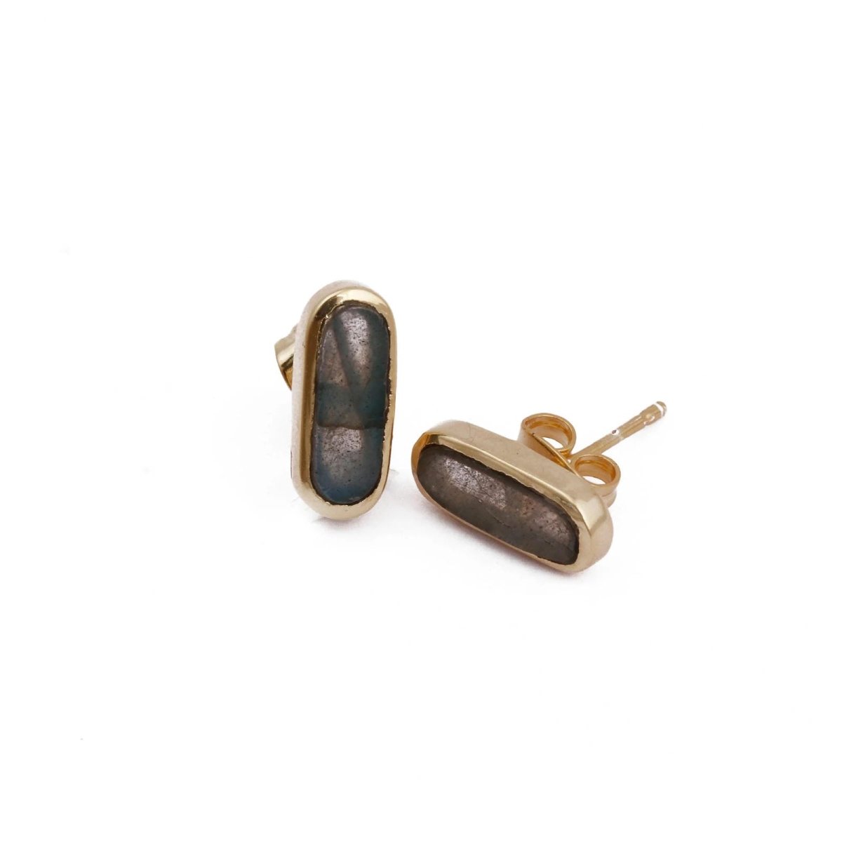 Rainbow Moonstone Stud Gold Plated Oval Shape Gemstone Collet Setting Stud Earrings
