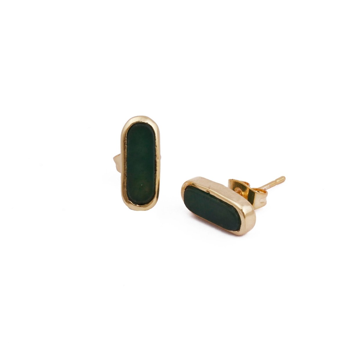 Rainbow Moonstone Stud Gold Plated Oval Shape Gemstone Collet Setting Stud Earrings Green Onyx