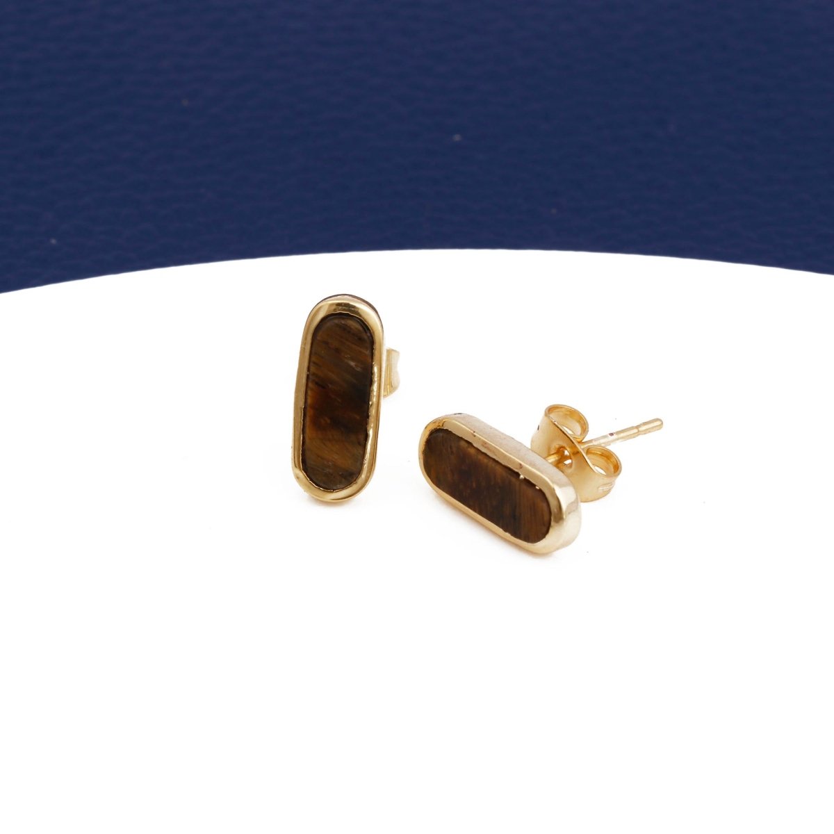Rainbow Moonstone Stud Gold Plated Oval Shape Gemstone Collet Setting Stud Earrings