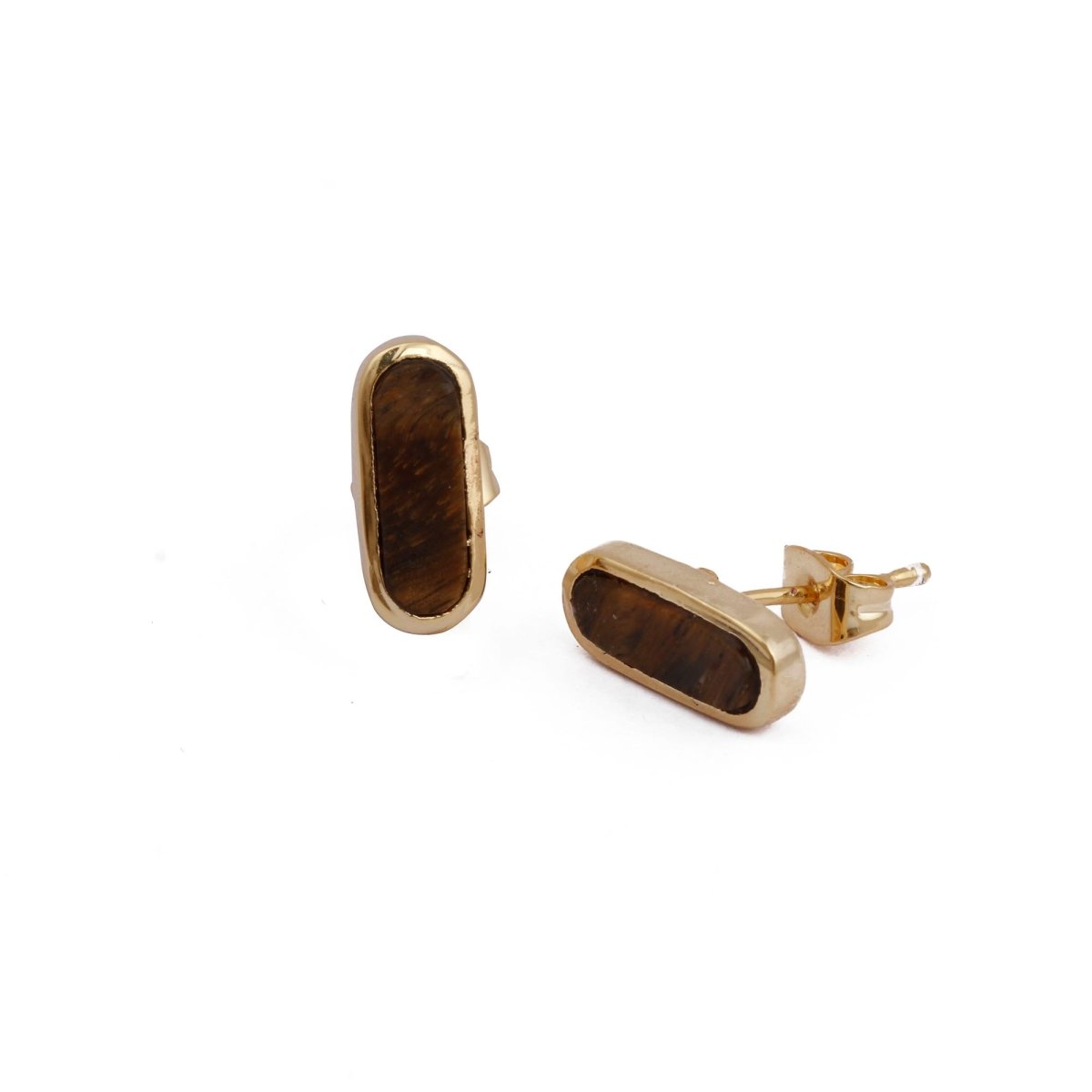 Rainbow Moonstone Stud Gold Plated Oval Shape Gemstone Collet Setting Stud Earrings Tiger Eye