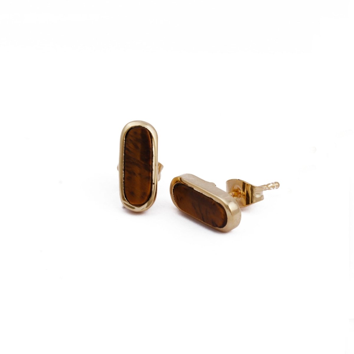 Rainbow Moonstone Stud Gold Plated Oval Shape Gemstone Collet Setting Stud Earrings