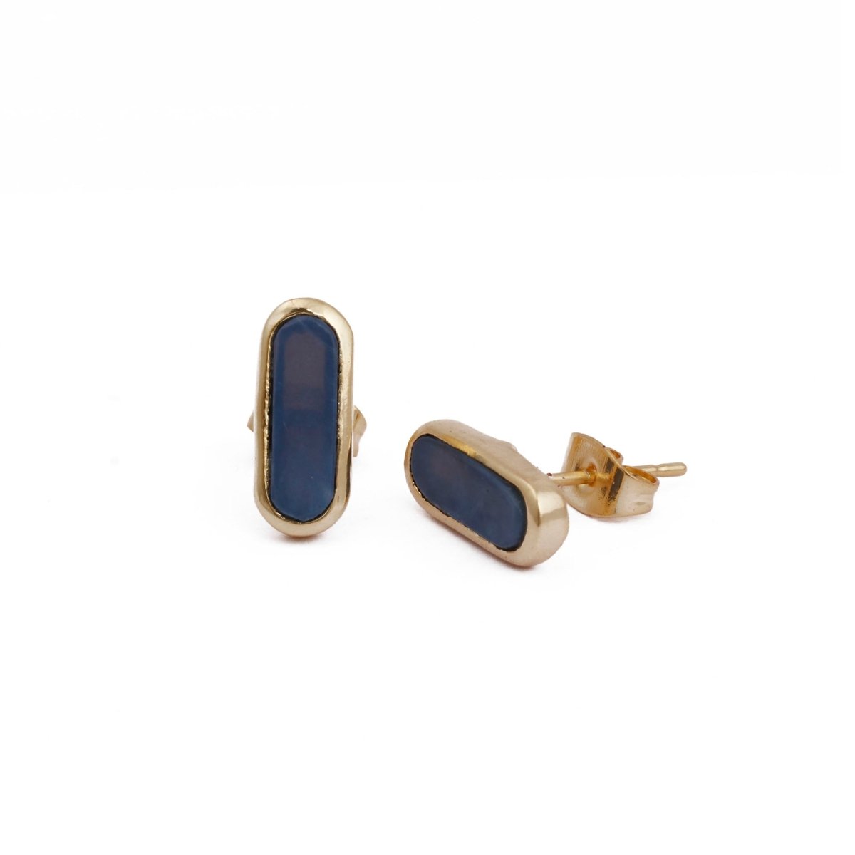 Rainbow Moonstone Stud Gold Plated Oval Shape Gemstone Collet Setting Stud Earrings