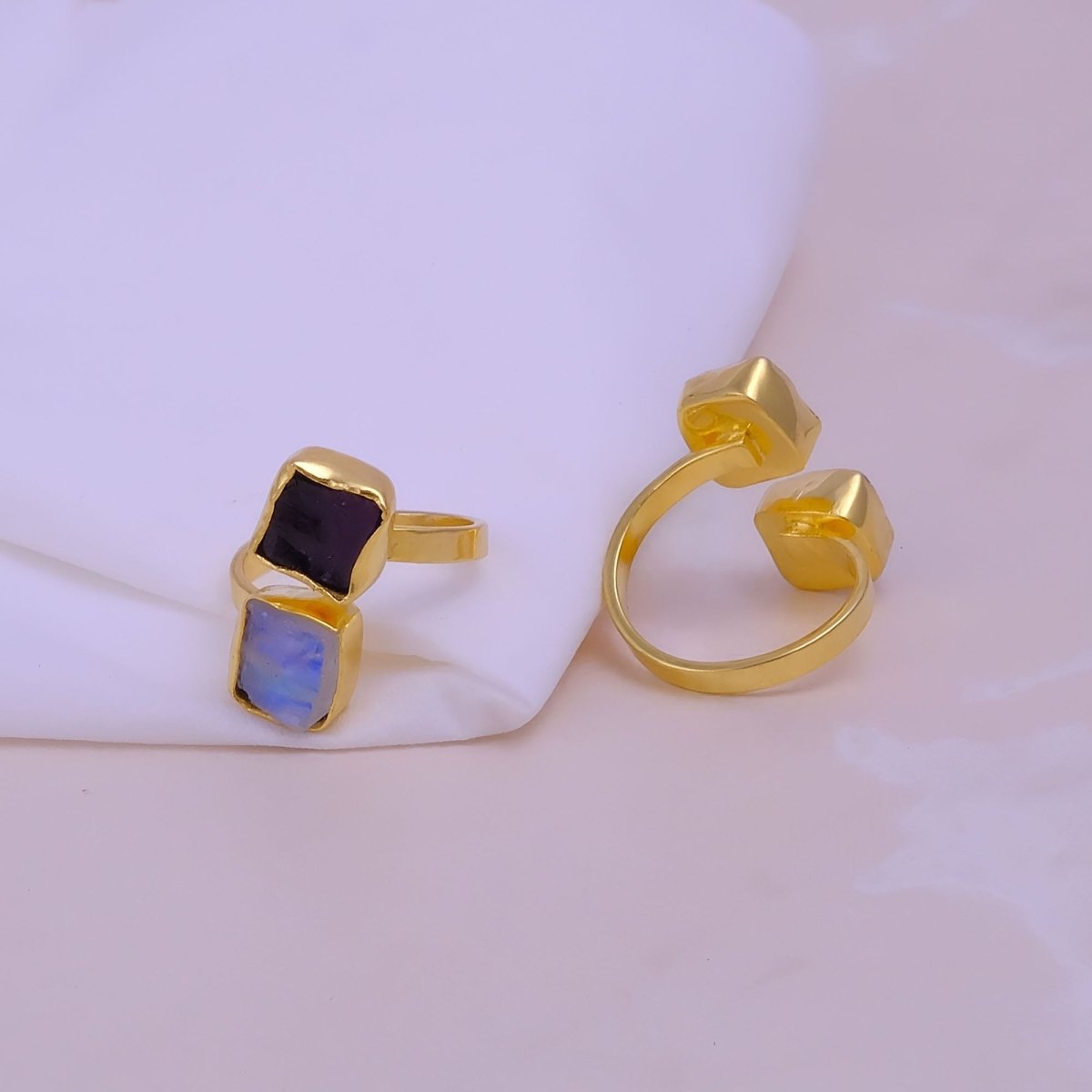 Raw Bypass Ring, Two Stone Adjustable Ring, Gold Plated Brass Statement Jewelry 5295