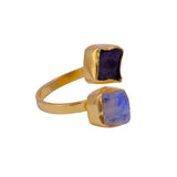Raw Bypass Ring, Two Stone Adjustable Ring, Gold Plated Brass Statement Jewelry 5295
