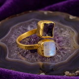 Raw Bypass Ring, Two Stone Adjustable Ring, Gold Plated Brass Statement Jewelry 5295