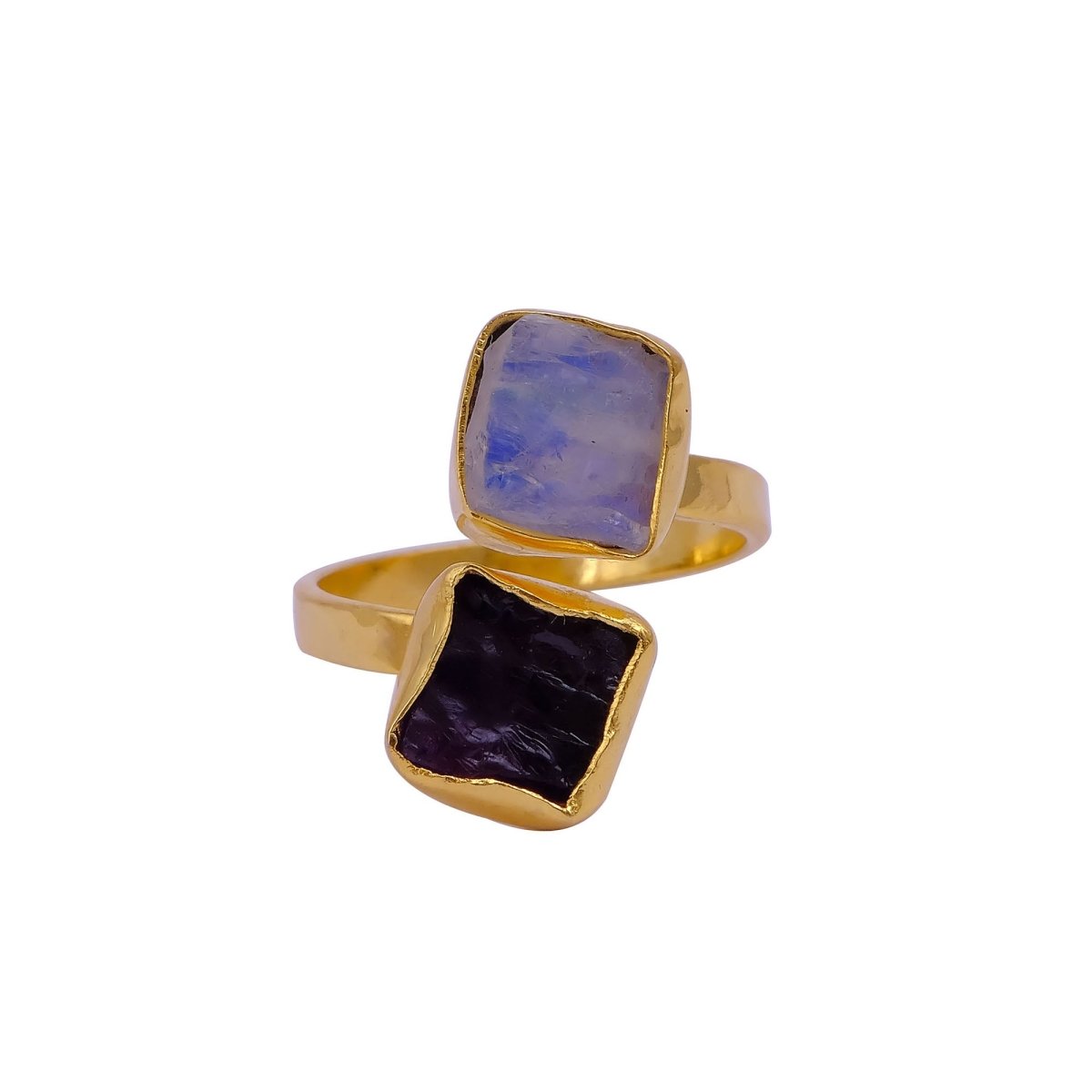 Raw Bypass Ring, Two Stone Adjustable Ring, Gold Plated Brass Statement Jewelry 5295