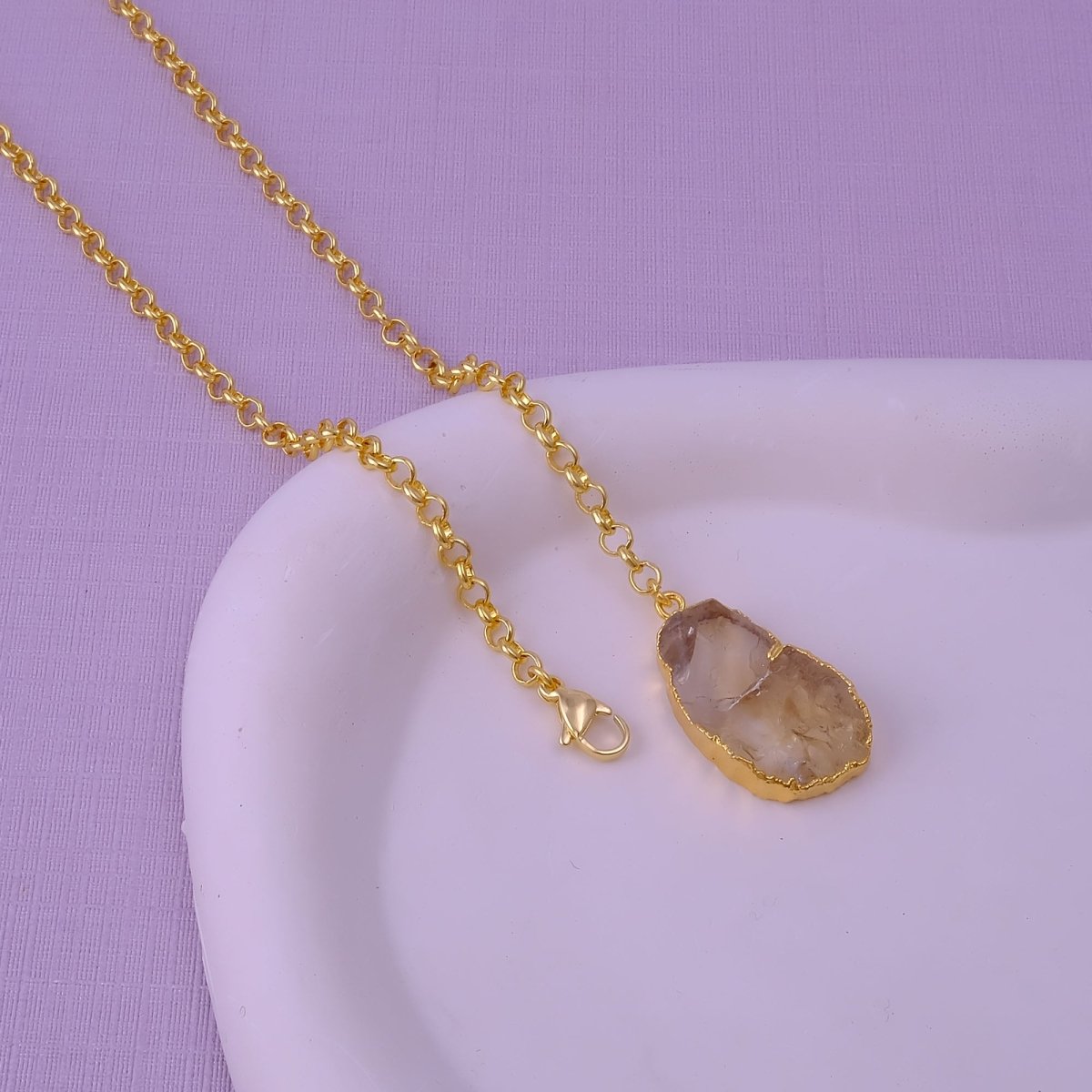 Raw Citrine Gemstone Y-Necklace in Gold Plated Chain, Natural Gemstone Pendant 5211