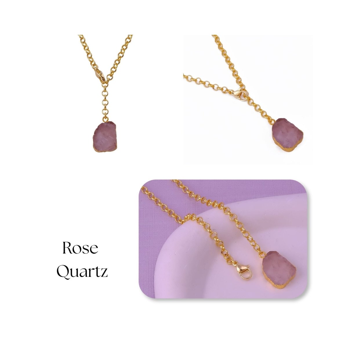 Raw Citrine Gemstone Y-Necklace in Gold Plated Chain, Natural Gemstone Pendant 5211 Rose Quartz