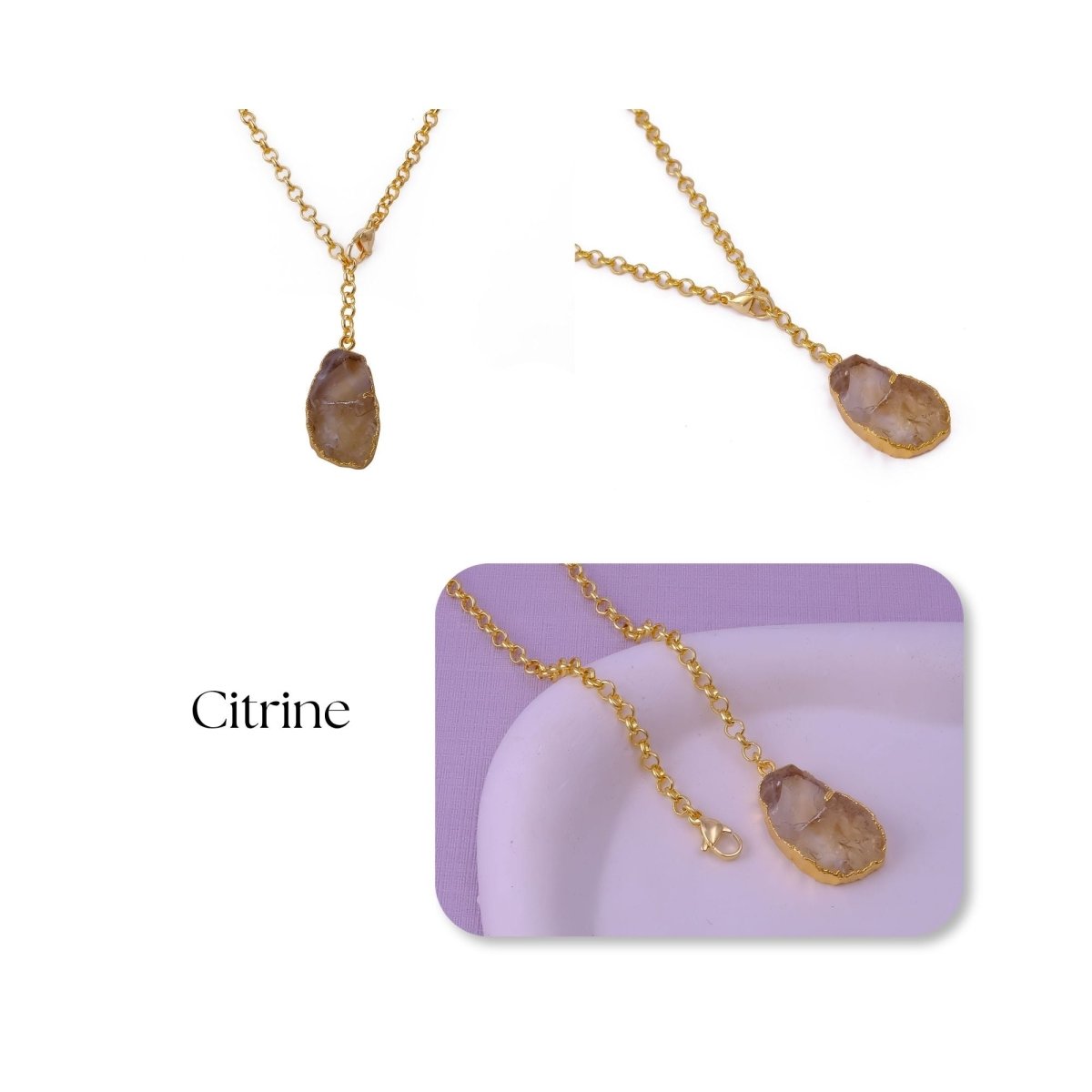 Raw Citrine Gemstone Y-Necklace in Gold Plated Chain, Natural Gemstone Pendant 5211