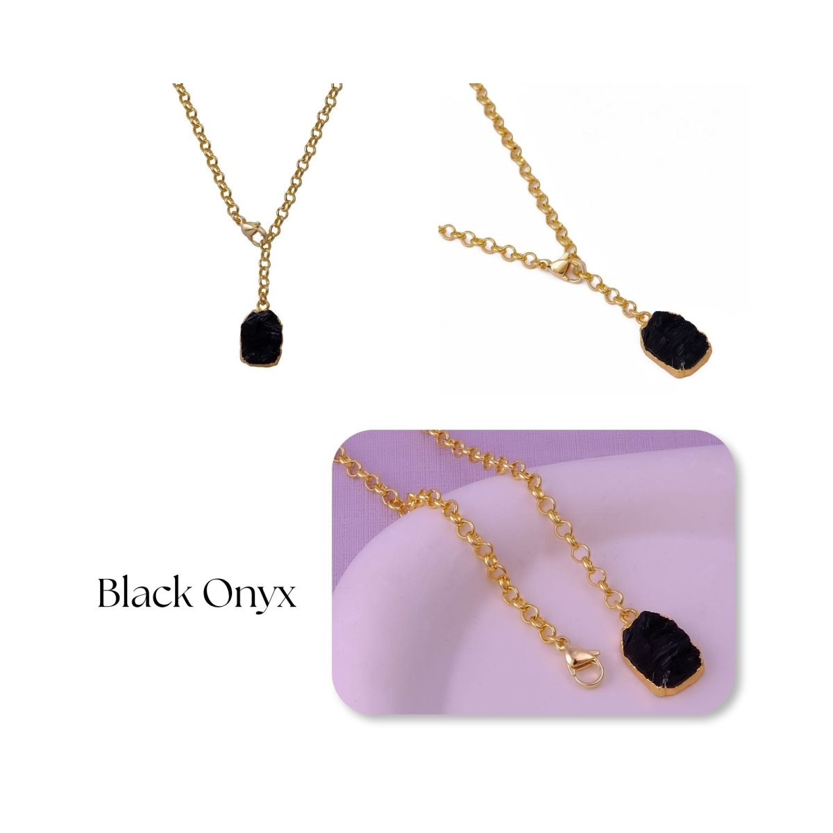 Raw Citrine Gemstone Y-Necklace in Gold Plated Chain, Natural Gemstone Pendant 5211 Black Onyx