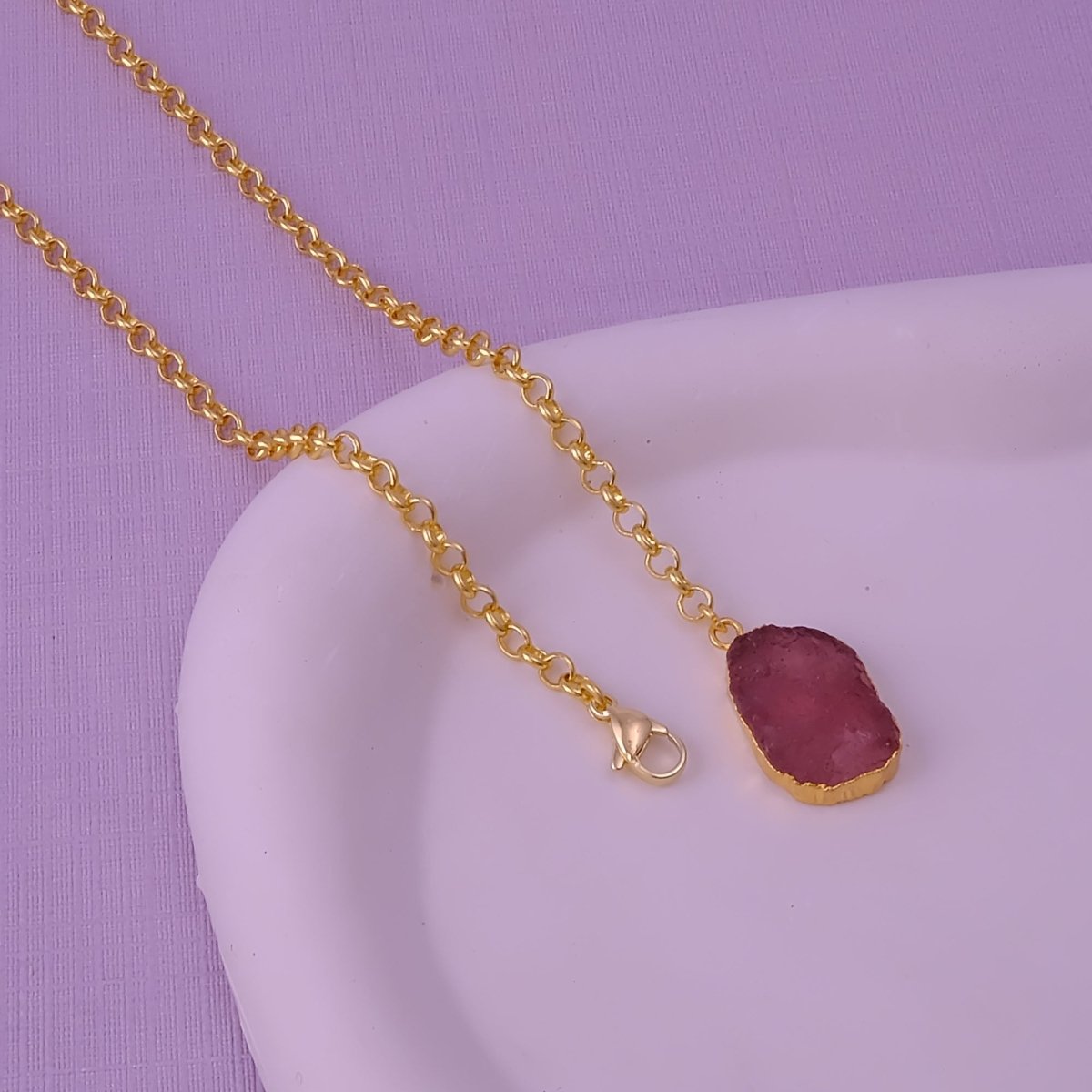 Raw Dyed Ruby Pendant Y - Necklace on Gold Plated Chain 5211