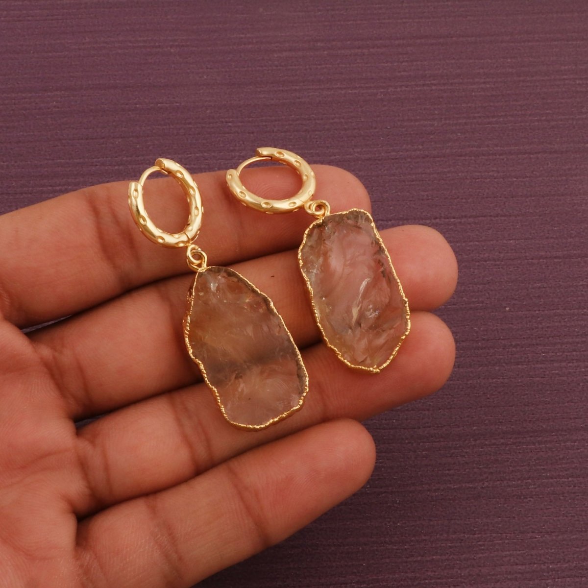 Raw Gemstone Citrine Fancy Shape Hoop Earring, 18k Gold Plated Jewelry 5216