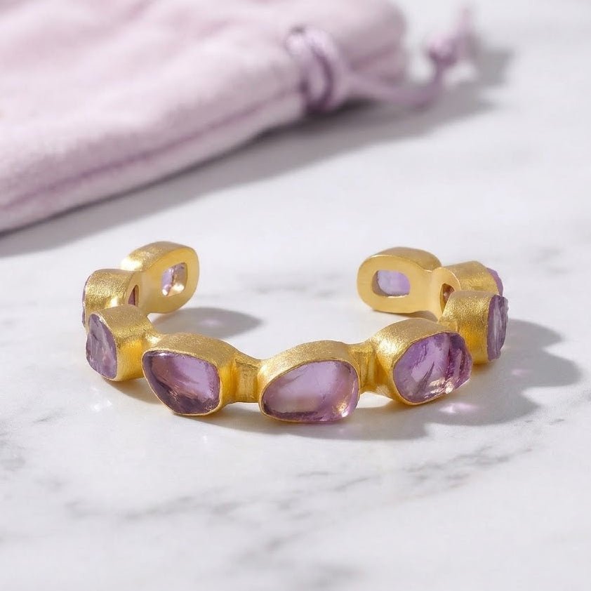 Raw Gemstone Purple Amethyst Cuff Bangles, Chunky Gold Plated Brass Jewelry 4080