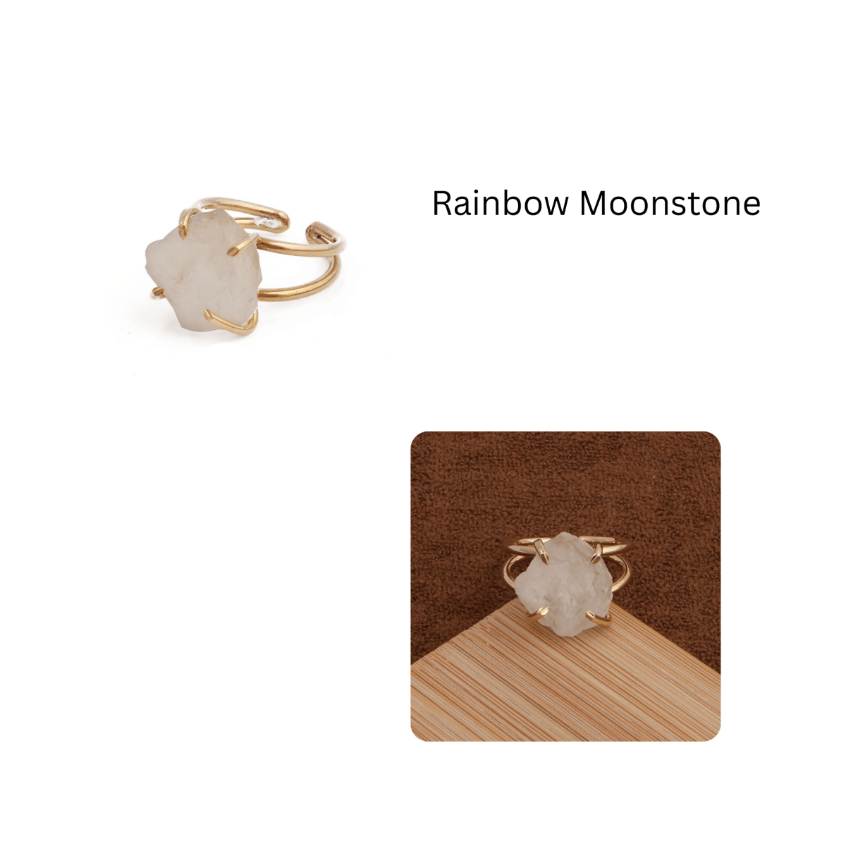 Raw Rainbow Moonstone Gemstone Ring, Gold Plated Rough Statement Jewelry 5393