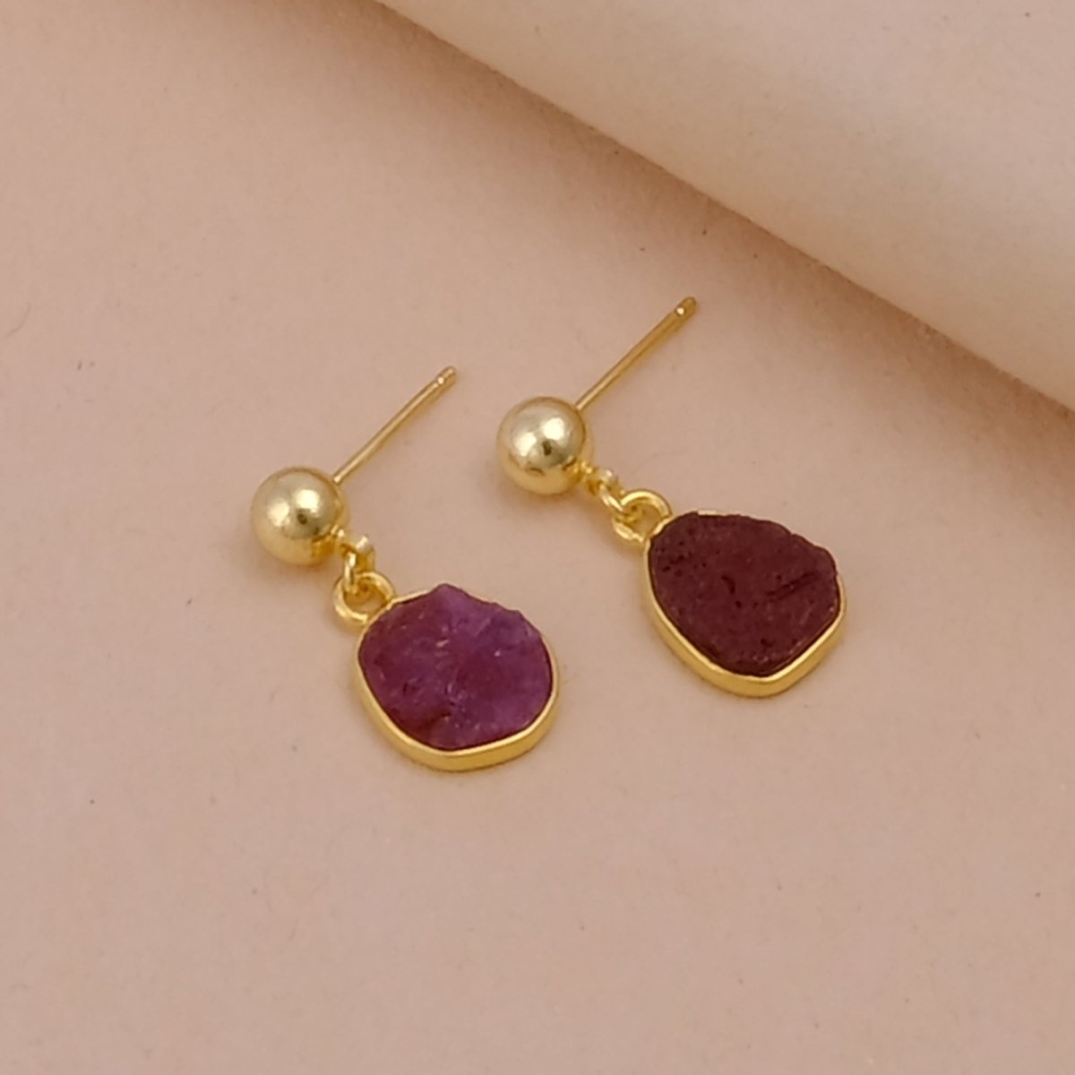 Raw Ruby Earrings Handmade Gold Plated Dangle Earrings Natural Rough Stone Birthstone Jewelry Ruby
