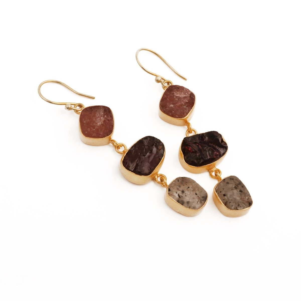 Raw Strawberry Quartz Dangle Earrings, Gold Plated Rough Gemstone Jewelry 5284