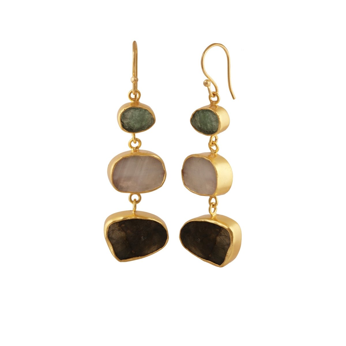 Raw Strawberry Quartz Dangle Earrings, Gold Plated Rough Gemstone Jewelry 5284