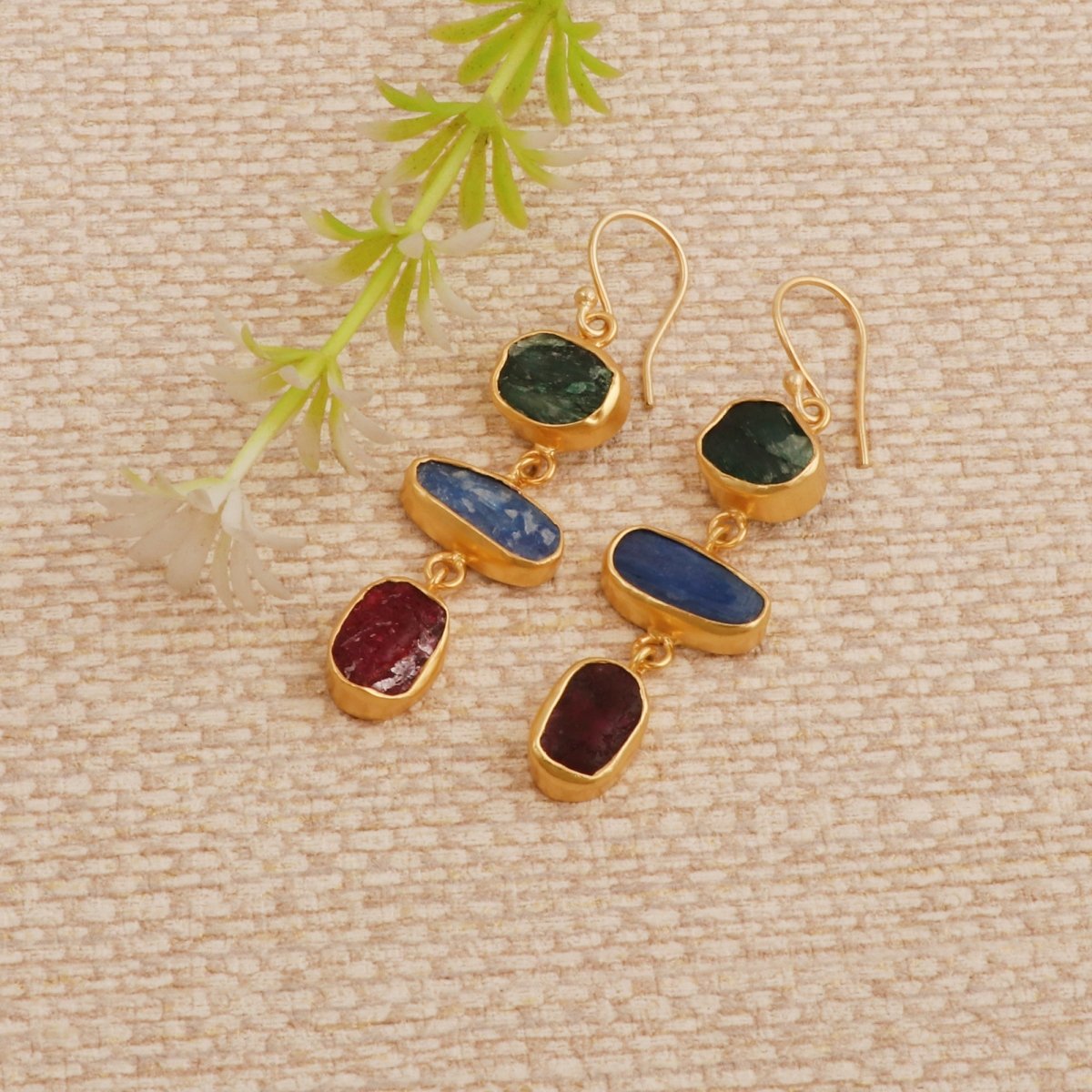 Raw Strawberry Quartz Dangle Earrings, Gold Plated Rough Gemstone Jewelry 5284