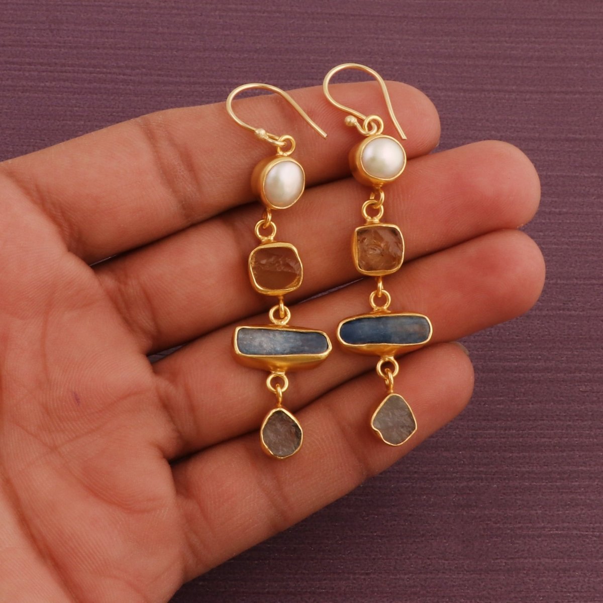 Raw Strawberry Quartz Dangle Earrings, Gold Plated Rough Gemstone Jewelry 5284