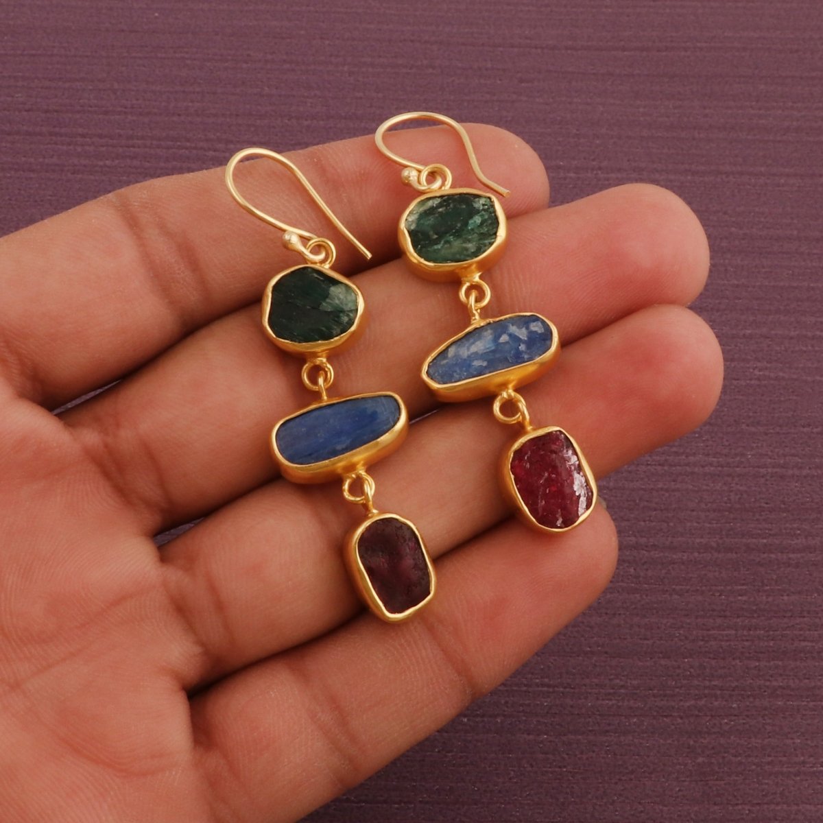 Raw Strawberry Quartz Dangle Earrings, Gold Plated Rough Gemstone Jewelry 5284