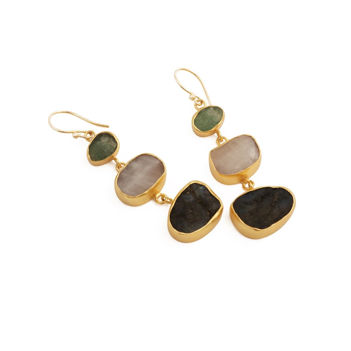Raw Strawberry Quartz Dangle Earrings, Gold Plated Rough Gemstone Jewelry 5284