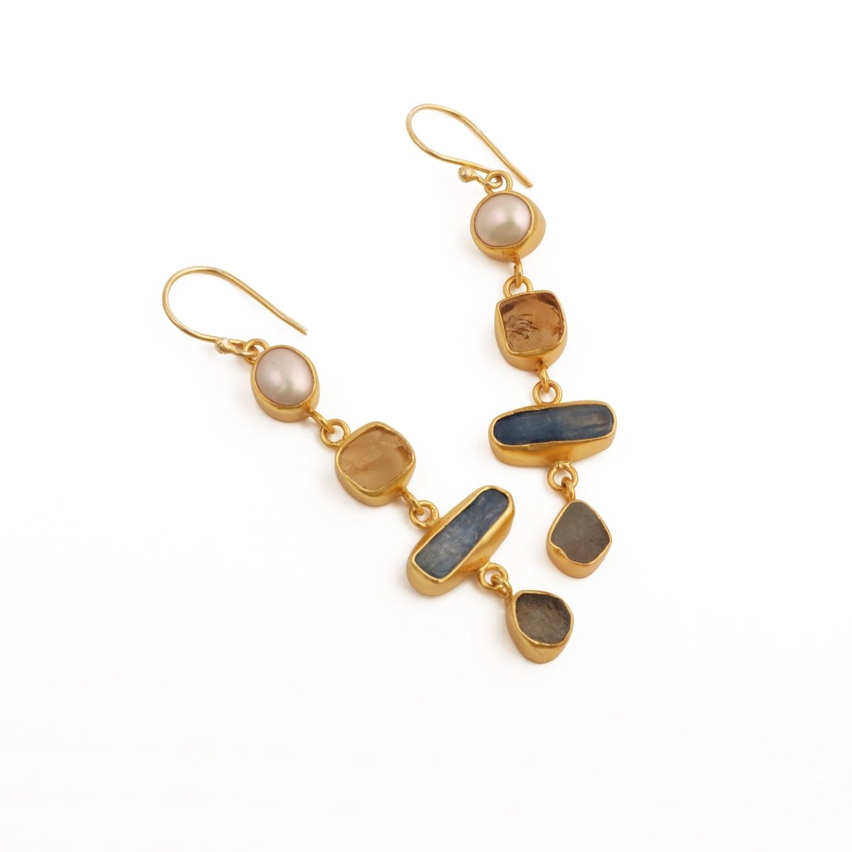 Raw Strawberry Quartz Dangle Earrings, Gold Plated Rough Gemstone Jewelry 5284