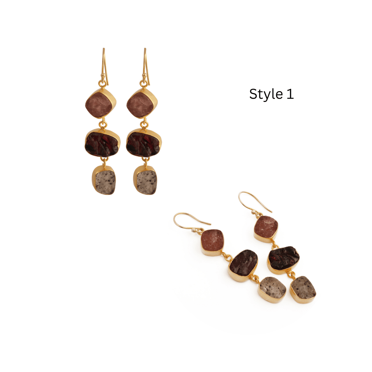 Raw Strawberry Quartz Dangle Earrings, Gold Plated Rough Gemstone Jewelry 5284