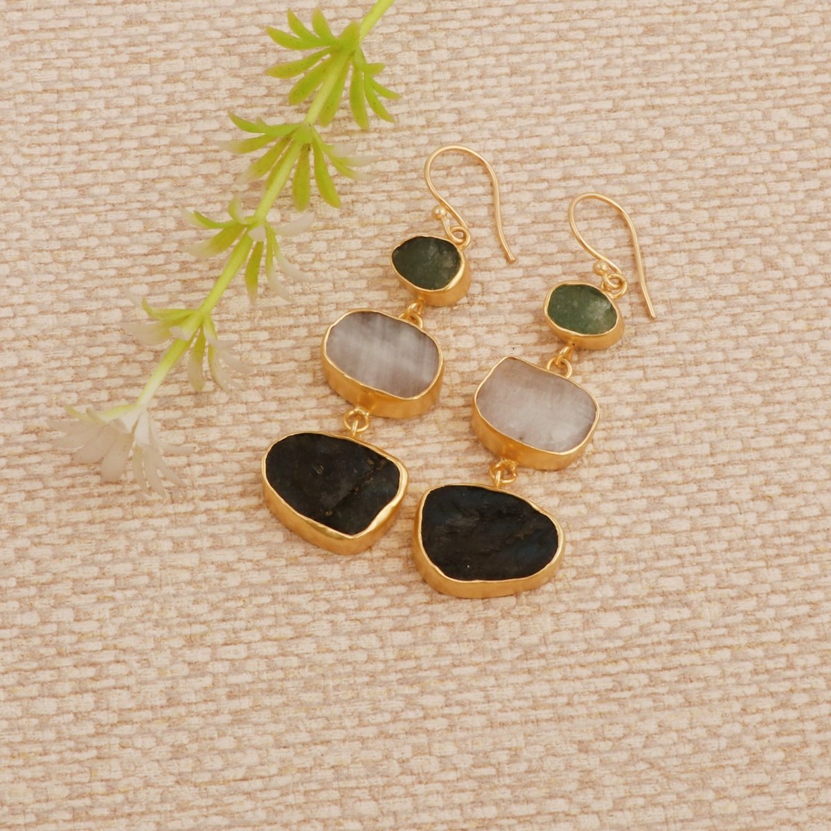 Raw Strawberry Quartz Dangle Earrings, Gold Plated Rough Gemstone Jewelry 5284