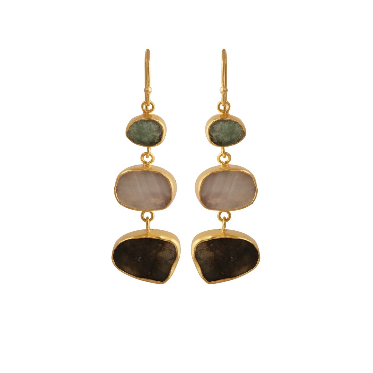 Raw Strawberry Quartz Dangle Earrings, Gold Plated Rough Gemstone Jewelry 5284