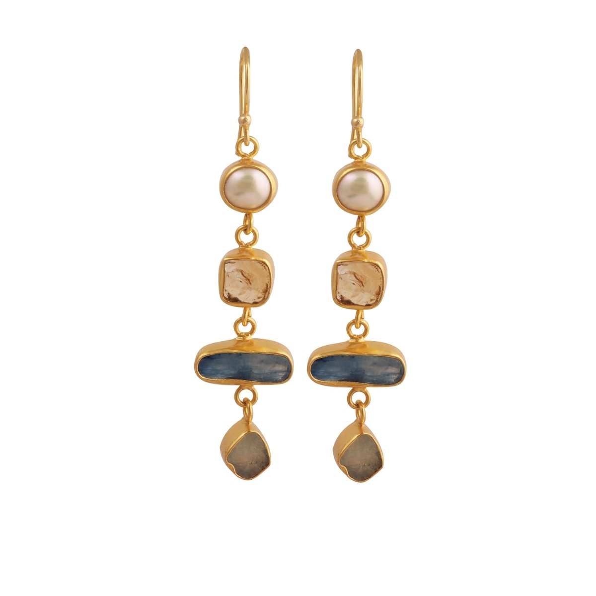 Raw Strawberry Quartz Dangle Earrings, Gold Plated Rough Gemstone Jewelry 5284