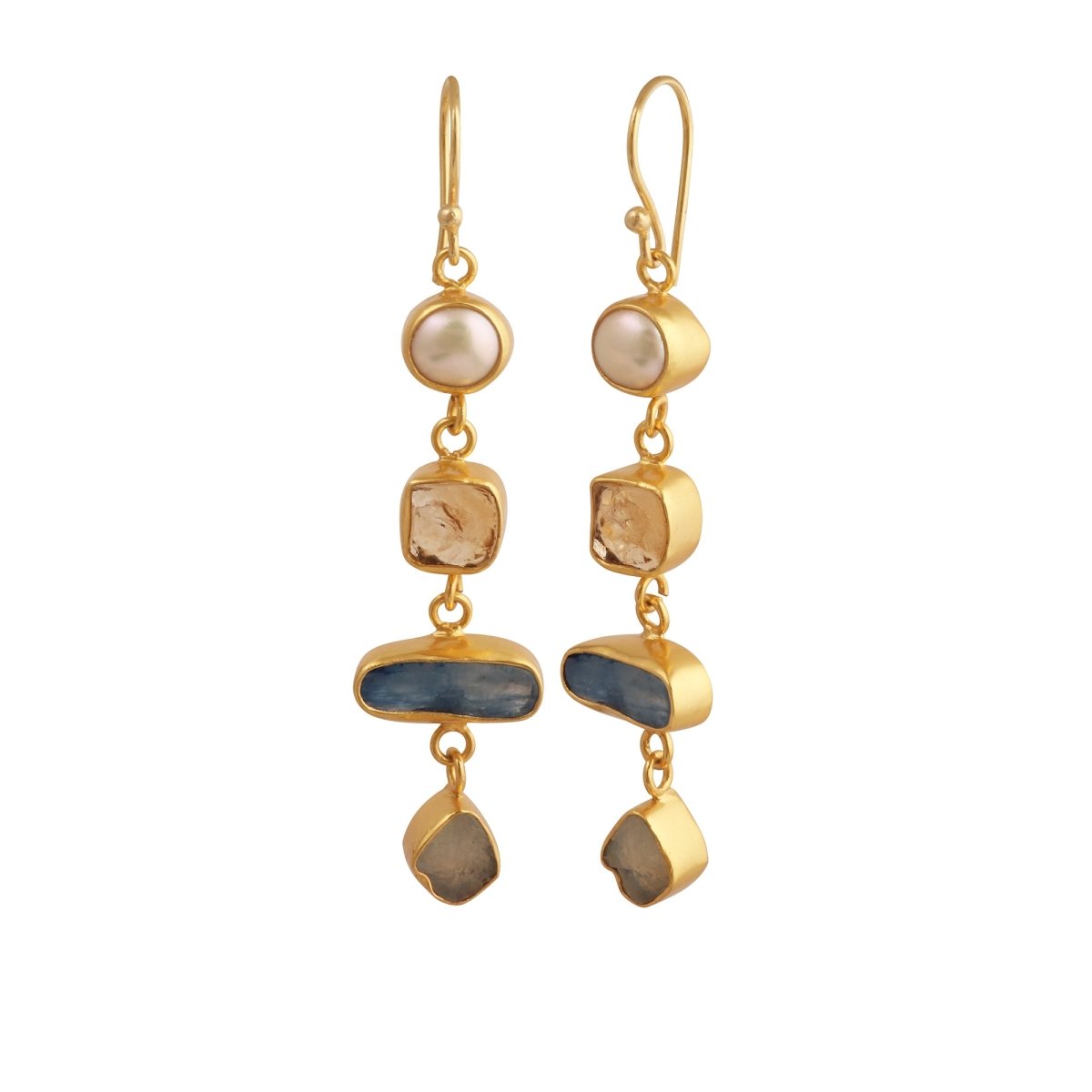 Raw Strawberry Quartz Dangle Earrings, Gold Plated Rough Gemstone Jewelry 5284